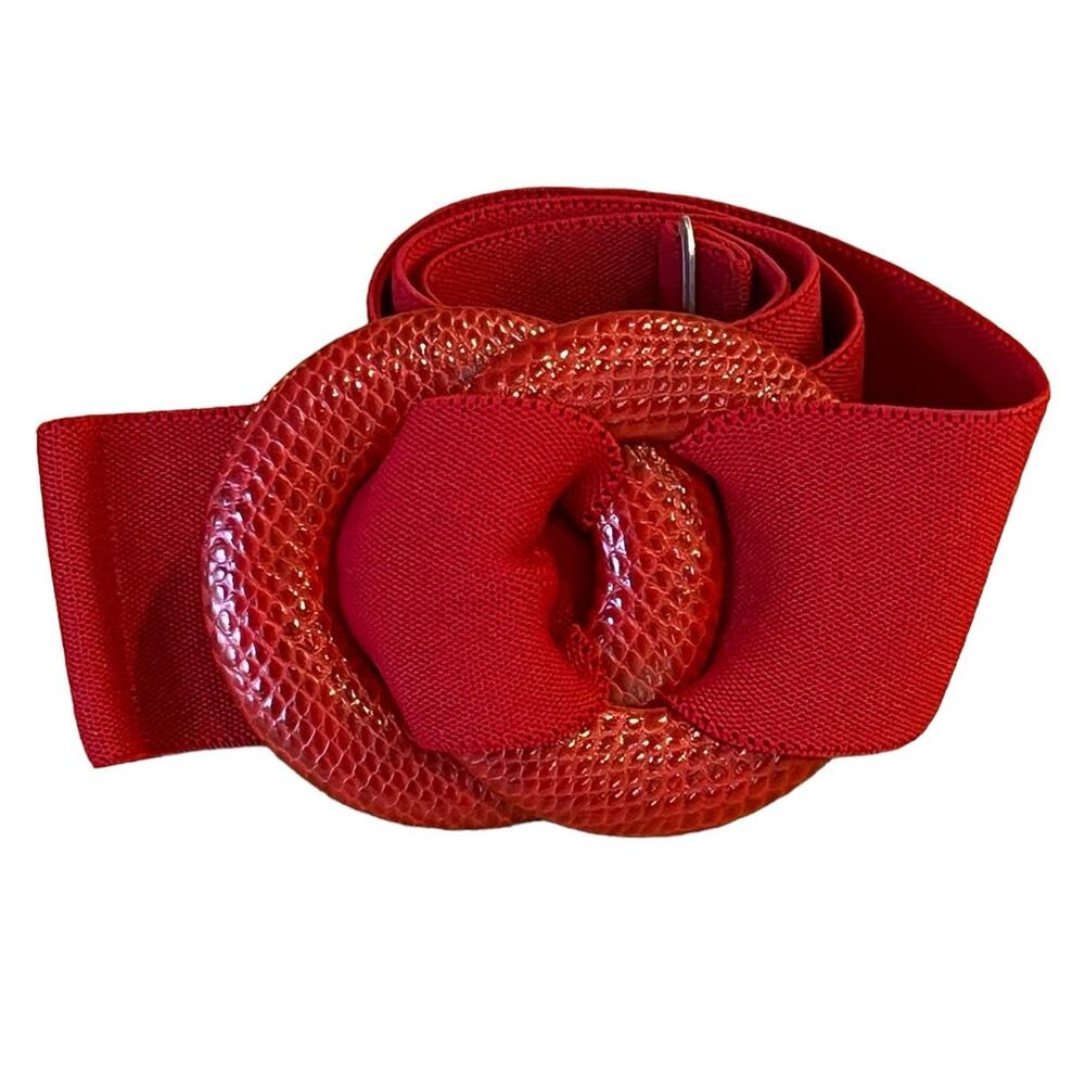 VTG Red Wide Stretch Belt Textured Round Buckle Retro 80s Glam Cinch Waist 30.5”